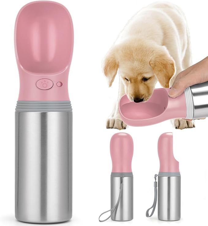 Portable Dog Water Bottle, 14 OZ Stainless Steel Pet Water Dispenser | Leak Proof Pet Water Dispenser with Drinking Feeder, Durable, Use for Dog Travel, Walking, Hiking, and Outdoor Activities by Anipaw