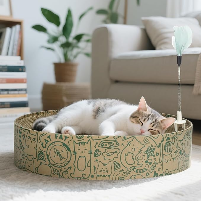 Cat Scratcher Cardboard, 2in1 Oval Cat Scratcher Bed for Indoor Cats Cat, Scratch Pad Bowl with Scratching Toy, Cozy Oval Cat Scratch Bed Furniture for Kittens & Medium Size Cats(Green) - Image 8