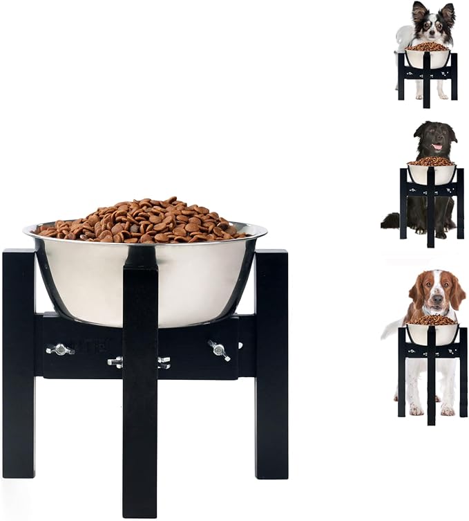 Elevated Dog Bowl Stand Adjustable Dog Food Holder 7”H Small Black | 7” Elevated Dog Bowl Stand, Small Dogs, Adjustable, Fits 6”-8” Bowls, Single Bowl Holder, Natural Bamboo, Classic Black by HTB