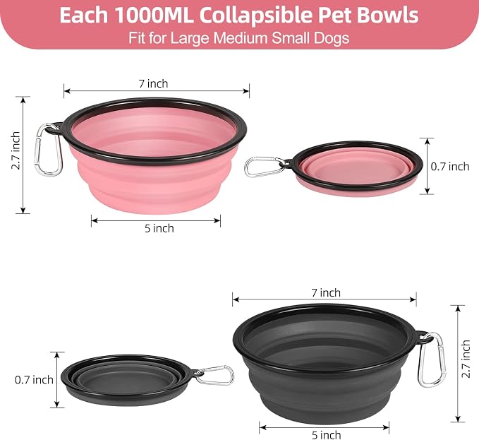 Kytely Large Collapsible Dog Bowls 2 Pack, 34oz Foldable Dog Travel Bowl, Portable Pet Water Food Bowl with Clasp, Pet Cat Feeding Cup Dish for Traveling, Walking, Hiking (Pink+Grey) | Portable Dog Water Food Bowl with Clasp, Pet Cat Feeding Cup Dish f... - Image 3