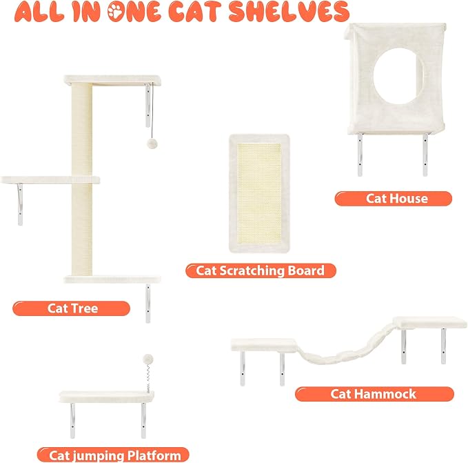NUNU LAB Cat Wall Shelves Set, 5 Pcs Wall-Mounted Cat Climber with Cat House, Bridge, Scratching Post, Hammock, Wall Shelves, Beige - Image 4