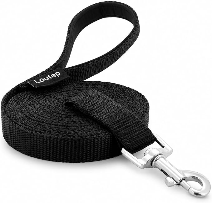 Long Line Dog Training Leash with Padded Handle, 20 ft, Black | Durable nylon webbing with reinforced stitching and 360° swivel clip for recall and obedience by Loutep