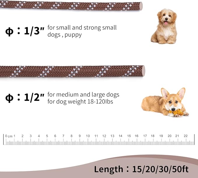 Long Dog Leash for Training 20Ft-Reflective Nylon Rope with Swivel Hook-Recall Agility Lead for Large Small Medium Dogs Outside Walking Hiking-Brown Diam 1/2" - Image 4