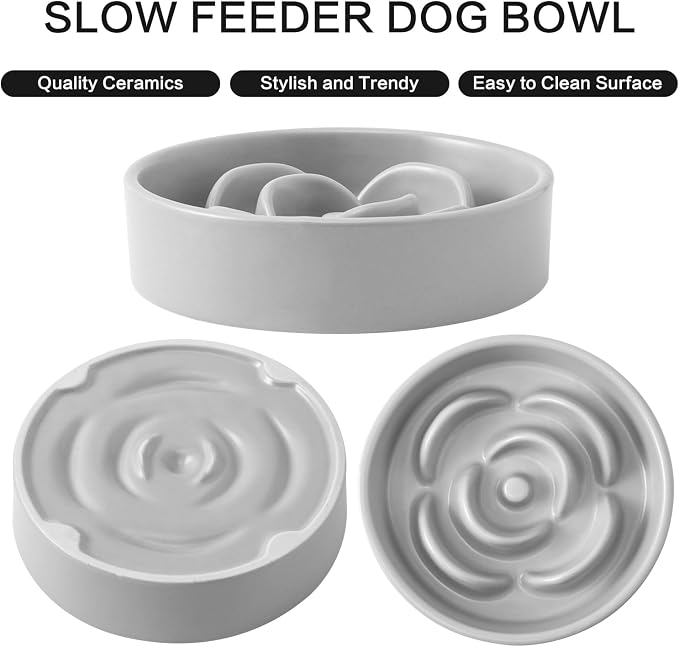 6'' Ceramic Slow Feeder Dog Bowls - Petal Shape Modern Dog Food Dish for Cats and Small Breed Dogs, Puzzle Maze Bowl to Slow Down Eating, Anti-Gulping, Dishwasher & Microwave Safe, Grey - Image 2