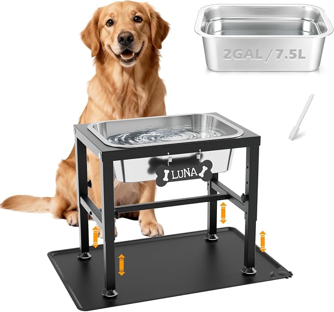 2 Gallon Elevated Dog Water Bowl for Large Dogs with Spill-Proof Mat, 4-Height Adjustable Raised Dog Water Bowl Stand (9.4-14.2'') with Stainless Steel Bowls for Indoor/Outdoor by TIDANT