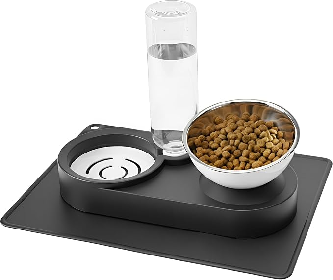 Raised Dog Cat Food Bowl, Cat Food and Water Bowl Set with Water Dispenser, Stainless Steel Bowls and Feeding Mat, Food Feeding Dishes for Indoor Cats and Small Dogs, Black by Nuzzletail
