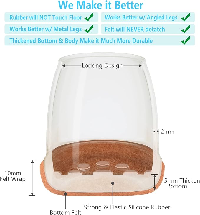 16 Pack Chair Leg Floor Protectors for Hardwood Floors, Round Rubber Furniture Sliders, 360°Felt Pad Bottom Wrapped Thickening Silicone Furniture Legs Caps Covers(Round,Clear-Brown-XL) - Image 4