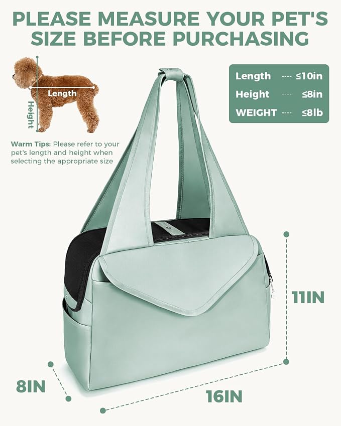 Lightweight Dog Purse with Large Pockets for Small Dogs up to 8 lb | Stylish, Soft-Sided Small Dog Carrier with Safety Buckle and Breathable Anti-Scratch Mesh for Travel, Sage Green - Image 2