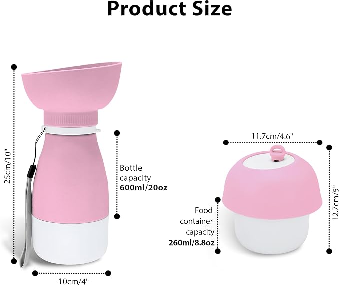 Portable Pet Water Bottle, Travel Water Food Container Pink | Silicone, Leakproof, Detachable Feeding Dish, Dog Cat, 2-in-1, Outdoors Feeding Drinking, Pet Essential, Park Outing, Beach - Image 3