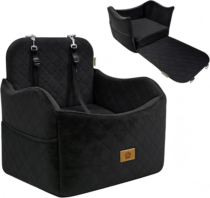 Dog Car Seats for Small Dogs Up to 35 lbs, Machine Washable Puppy Car Seat | 2-in-1 Dog Bed for Car with 6" Elevated Cushion, Dog Booster Seat with Safety Leashes, Pockets, Fits Front/Back Seats (Black) by Ishineon
