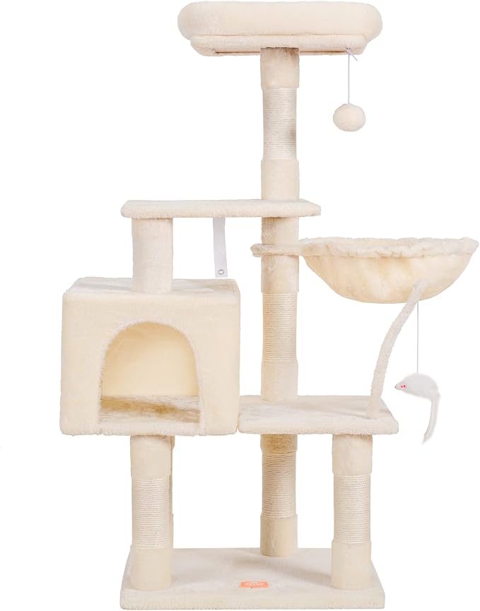 Heybly Cat Tree with Toy, 43.3 inch Cat Tower for Indoor Cats HCT004M | Cat Condo with Durable Sisal Scratching Posts, Cat House with Padded Plush Perch, Cozy Hammock, Beige - Image 4