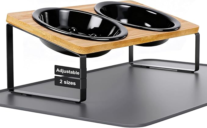 LEAWALK Upgraded Adjustable Height Cat Food Bowls Stand Ceramic Dog Bowls and Slow Feeder Cat Bowl, 15°Tilted Stand Anti Vomiting Raised for Small and Medium Sized Cats Dogs (Black) by LEAWALK