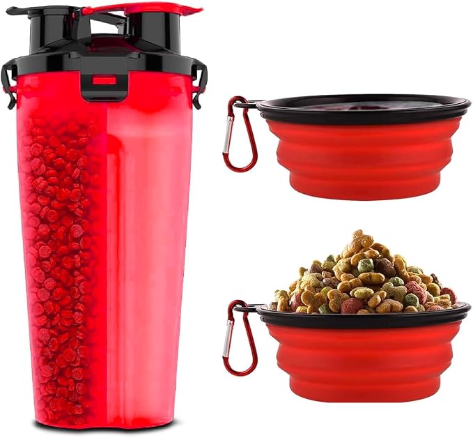 Dog Travel Water Bottle W/Collapsible Bowls - Portable 2 in 1 Leakproof Pet Water Bottle Food Container Ideal for Travel, Outdoor Portable Water Bowls for Walking, Camping & Hiking - (Red) by TRAVELINGTOTS