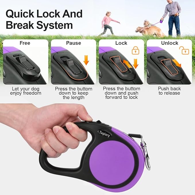 Taglory Retractable Dog Leash, One-Handed Brake, 16ft, Up to 44 lbs, Purple | More Freedom While Staying in Control, Smooth Retraction, Tangle-Free Design, Easy-Grip Handle, Daily Neighborhood Walks - Image 3