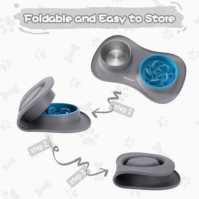 MateeyLife Dog Food and Water Bowl Set 3 in 1, Slow Feeder Dog Bowls & Stainless Steel Water Bowl with Non-Spill Silicone Mat, Cat and Puppy Bowls Pet Dishes for Small Medium Large Breed Anti-Choking - Image 5