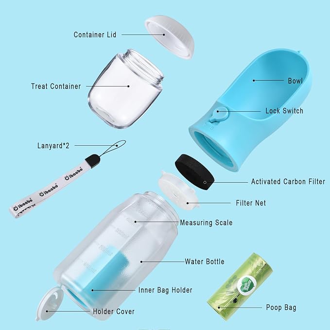 Cibaabo Dog Water Bottle with Food Container & Poop Bag Holder & Filter | Feeding & Hydration & Waste All in One | Travel Puppy Water Bowl | Portable Pet Dispenser | Dog Gifts | for Walking Beach - Image 3