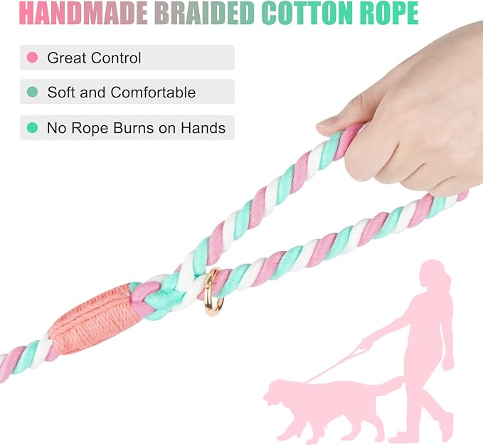 6 FT Handmade Rope Dog Leash for Small Medium and Large Dogs | Soft and Comfortable Grip, New Golden Heavy Duty Metal Clasp, Cherry Blossom Pink - Image 3