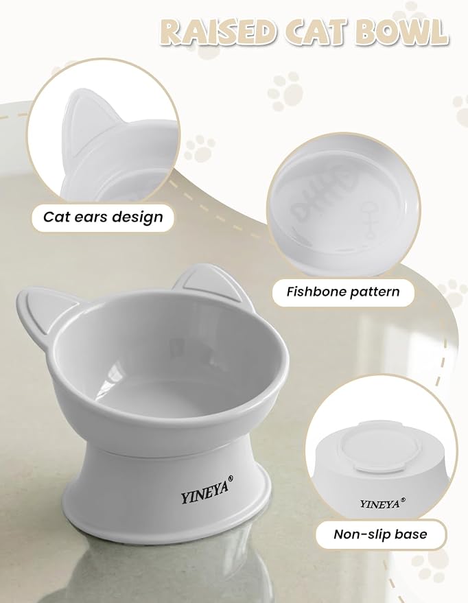 YINEYA Cat Bowls, Cat Food Bowl Elevated to Protect Neck & Anti-Vomit, Whisker-Friendly Raised Food & Water Bowls for Indoor Cats/Small Dogs, Cute Pet Feeding Bowl 6 OZ Each, Dishwasher Safe, White - Image 5