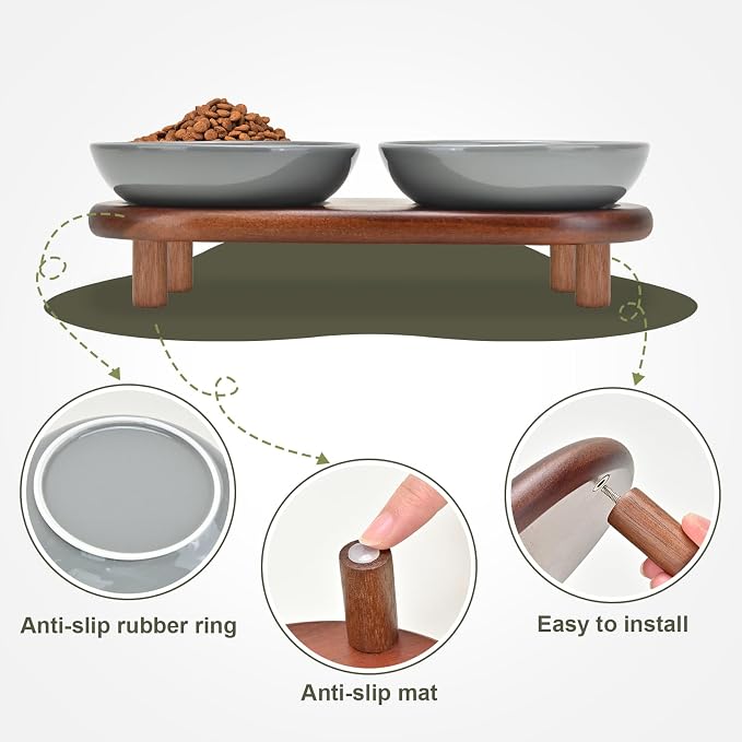 SPUNKYJUNKY Extra Wide Elevated Ceramic Cat Bowl with Acacia Wood Stand Whisker Friendly (Cat Paw Pattern, Gray) - Image 5