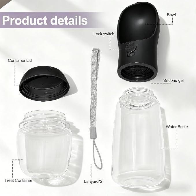 Portable Dog Water Bottle with Food Container, Drinking Bottle for Travel | 2 in 1 Dog Water Bowl, Leak Proof Pet Water Dispenser, BPA Free, Puppy Essentials, for Walking Hiking (Black,12oz) - Image 2