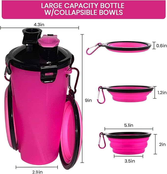 Dog Travel Water Bottle W/Collapsible Bowls - Portable 2 in 1 Leakproof Pet Water Bottle Food Container Ideal for Travel, Outdoor Portable Water Bowls for Walking, Camping & Hiking - (Pink) - Image 3