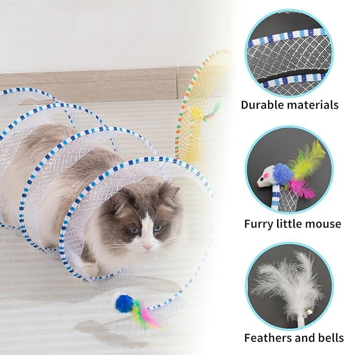 Andiker Spiral Tunnel for Cats, 21.45” Collapsible Cat Tunnel with Feather Toy and Plush Mouse Interactive Cat Toys for Indoor Cats to Relieve Boredom for Kitten (Yellow) - Image 3