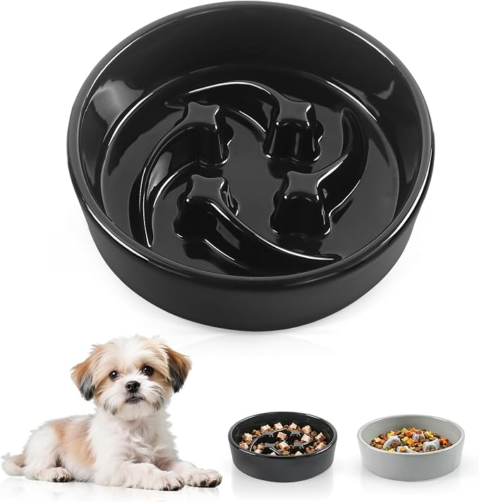 Ceramic Slow Feeder Dog Bowls, 0.6 Cups Dog Food Dish for Small Breed | Puzzle Dog Food Bowl for Fast Eater, 15OZ, 6.3 inch (Black) by Unknown