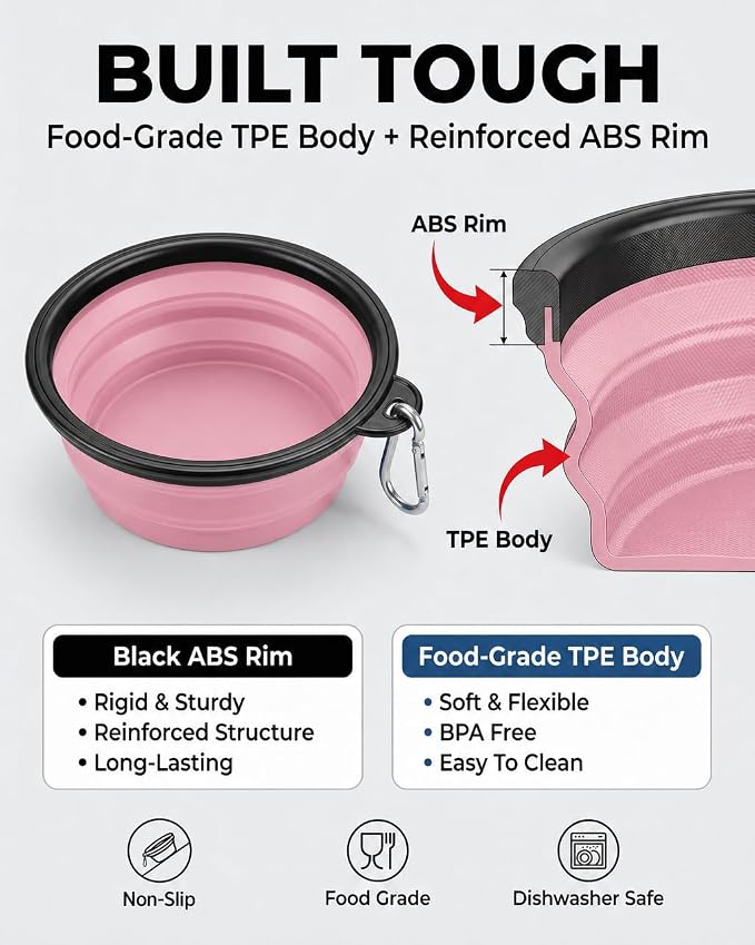Collapsible Dog Bowls, 2 Pack Sturdy Portable Dog Water Bowls | Wear-Resistant TPE, Anti-Dust Foldable Travel Dog & Cat Bowls for Camping Walking Hiking with Carabiners - Image 2