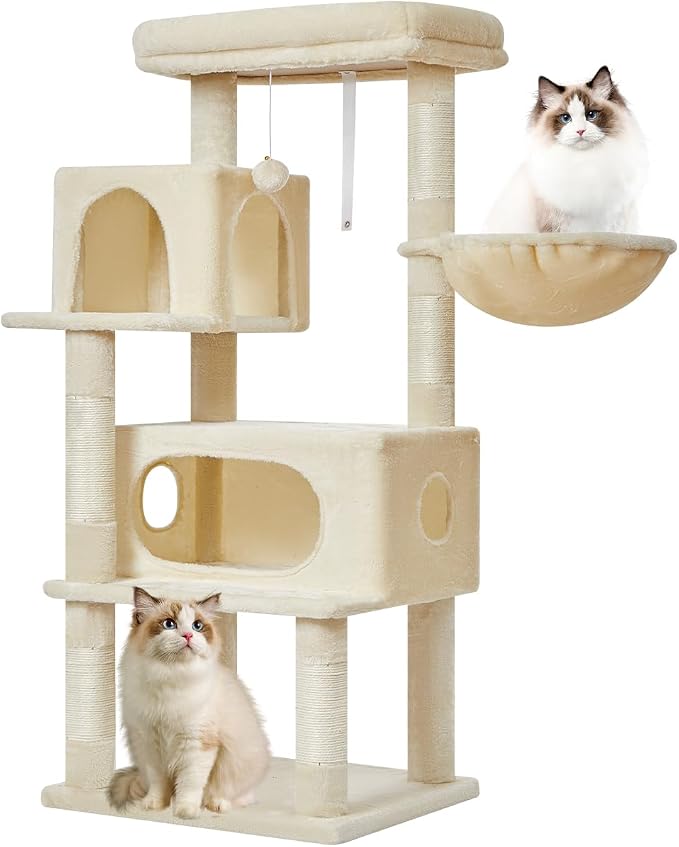 Taoqimiao Cat Tree, 49In Cat Tower for Indoor Cats Large Adult | 2 Luxurious Cat Condos, Thick Padded Top Perch, Adjustable Hanging Baskets, 5 Scratching Sisal Posts, Beige MS029LM by Taoqimiao