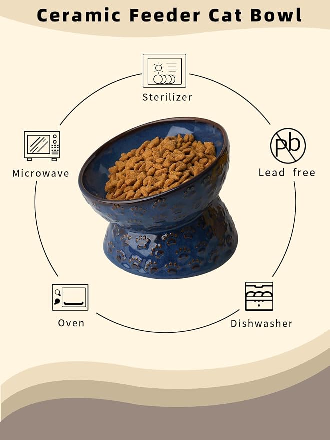 Ceramic Tilted Elevated Small Cat Bowl, for Fat Faced Cat, Kitten, Blue | 15° Tilted Elevated Design,5oz Small Meal Capacity,Chin-Friendly Ceramic,Paw Print - Image 4
