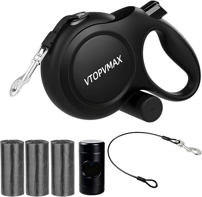 26Ft Retractable Dog Leash for Medium/Large Dogs up to 110lbs, Strong Heavy Duty Retractable Leash with Chew-Proof Cable, 360 Tangle Free, One Hand Brake Lock & Poo Bag Holder (Black) by Homesuppliesanddogsupplies