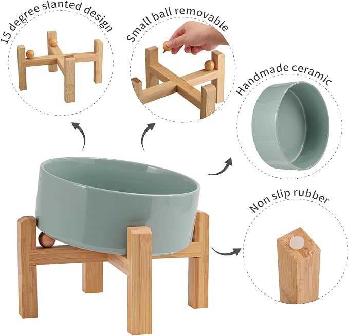 Elevated/Raised 15°Tilted Anti Slip Ceramic Dog Bowl for Small/Medium Breeds,Slanted Bulldog Big Face Pet Food Water Feeding Dish with Stand for Cats and Dogs (3.6 Cups/28 OZ) Light Green - Image 5