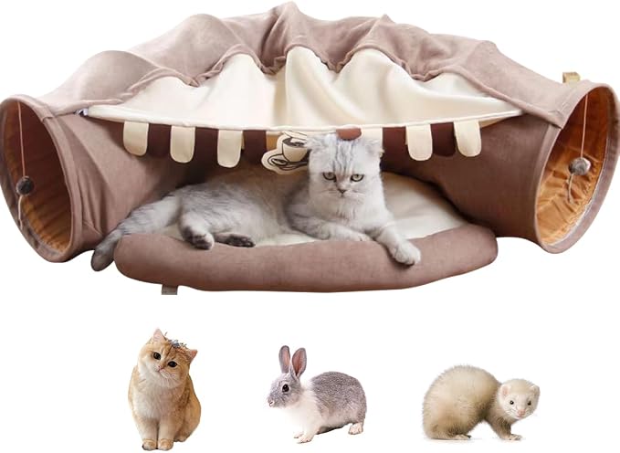 EAEDMY Cat Rabbit Tunnel Bed Nest for Cats Indoor, with Collapsible Washable Soft Cushion, Plush Ball and Exercise Wheel Tube, Fit for Puppy Bunny Kitty Kitten Ferret(2.Coffee) by EAEDMY