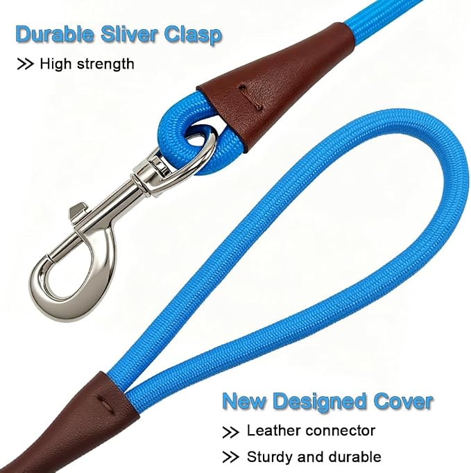 MayPaw 4/6/8/10FT Rope Dog Leash, 6 Classic Solid Colors Strong Nylon Leash | 1/2-Inch Thick Training Leash for Medium Larges Reinforced with Leather Tailor Connection Heavy Duty Silver Clasp (blue, 4ft) - Image 4