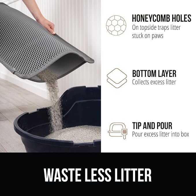 GORILLA GRIP Honeycomb Cat Litter Box Mat, Two Layer Trapping Waste Mats, Soft On Paws, Litter Box Supplies and Essentials for Indoor Cats, Traps Excess, Water Resistant for Floors, 30x24 Gray - Image 5