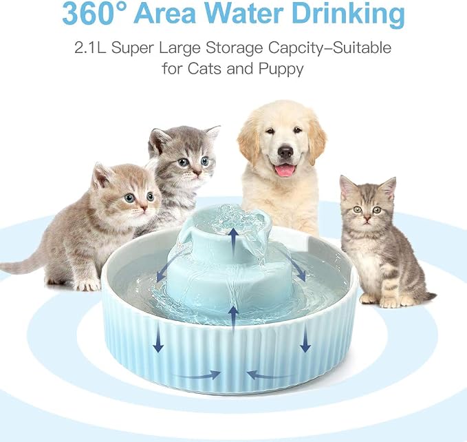 360 Ceramic Pet Fountain, Advanced Porcelain Cat Water Fountain, 70 oz.Drinking Fountains Bowl for Cat and Dogs with Replacement Filters and Foam (Green Blue) - Image 5