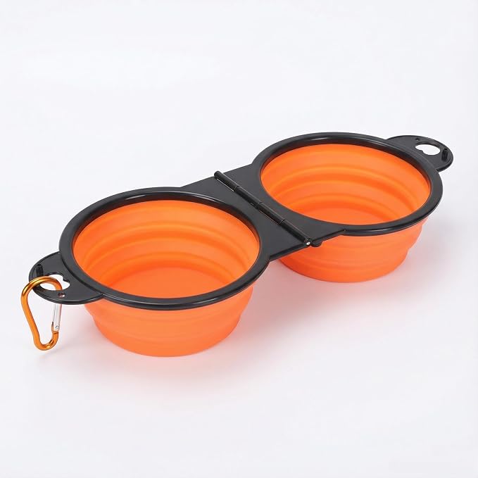 Double Collapsible Dog Bowls for Travel, Food & Water with Clip, Orange | 13.5 oz each, folds flat, carabiner clip, walking, hiking, camping, for small and medium pets - Image 5