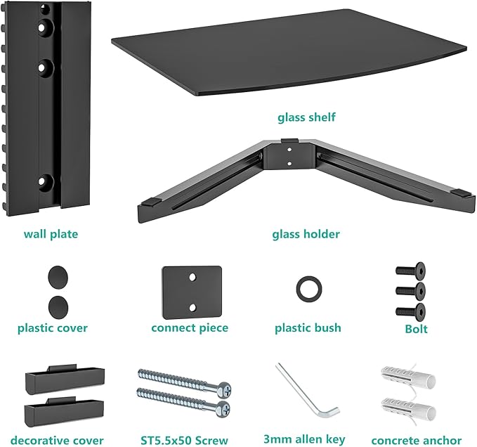 WALI Floating TV Shelf, 1 Tier Glass Projector Shelf for DVD Players, Routers, Game Consoles, Cable Boxes, Living Room Decor, Wall Mount Shelves Hold Up to 17.6lbs (CS201B), 1-Shelf, Black - Image 6