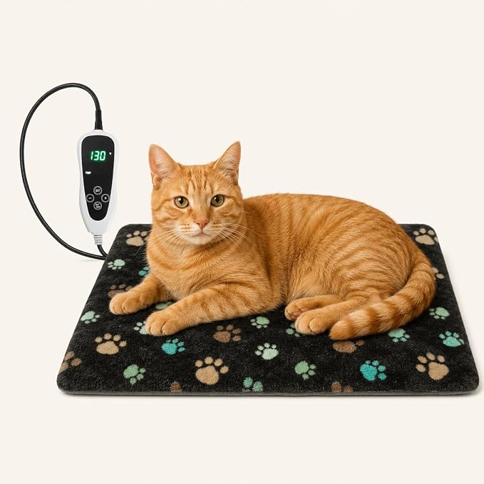 Cat Heating Pad 18x18 in with Smart Thermostat Switch and Power Line Protection Tube,Obtained MET and UL Dual Certification,Waterproof Pet Heating Pad for Cats, with Black Cloth Cover by Afullrangeofservicesforyourpet