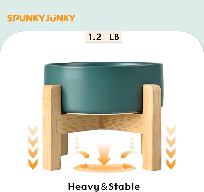 SPUNKYJUNKY Ceramic Elevated Dog Bowls 2 Pack - 5.1inch Raised Dog Bowls with Non-Slip Wooden Stand for Small Dogs Dishwasher Safe(Green,13.5OZ*2) - Image 6