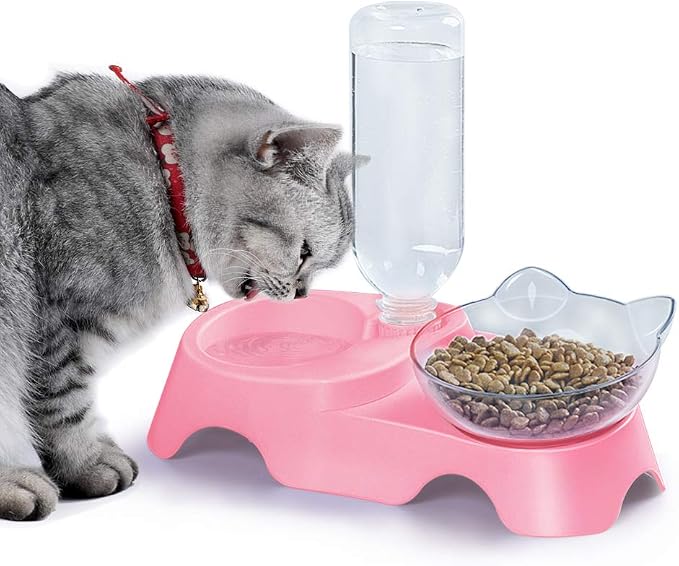 MILIFUN Double Dog Cat Bowls - Pets Water and Food Bowl Set, 15°Tilted Water and Food Bowl Set with Automatic Waterer Bottle for Small or Medium Size Dogs Cats by Milifunpets
