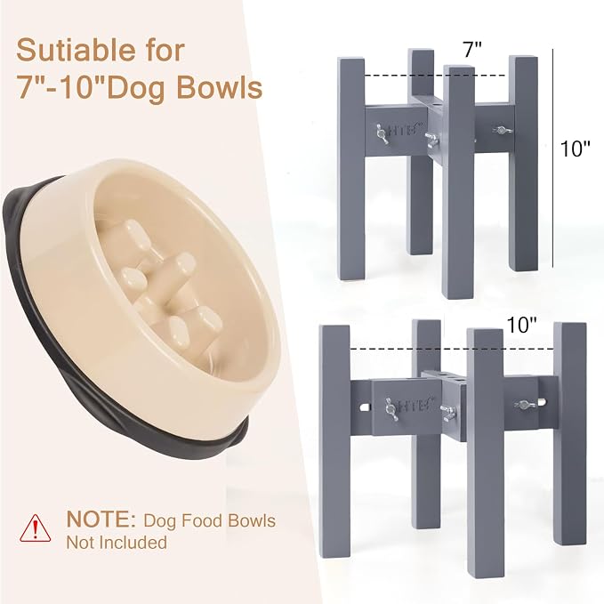 Elevated Dog Bowl Stand Adjustable Dog Food Holder 10”H Medium Grey | 10” Elevated Dog Bowl Stand, Medium Dogs, Adjustable, Fits 7”-10” Bowls, Single Bowl Holder, Natural Bamboo, Classic Grey - Image 3