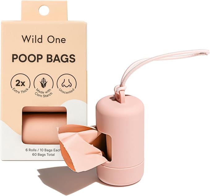 Wild One Dog Poop Bag Holder and Dispenser with Leash Attachment, Leak Proof, Easy Twist Top for Refills, Includes 1 Box Of Bags, Blush by WildOne