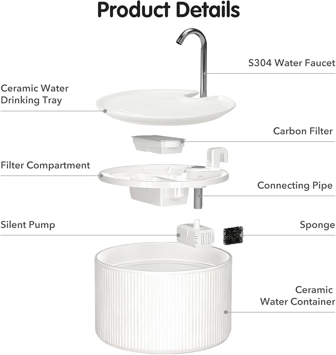 Upgrade 2.2L/78oz Ceramic Cat Fountain, Automatic Ceramic Water Fountain for Cats, Pet Water Fountain with Ultra-Quiet Pump (White) - Image 2