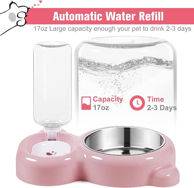 Dog Bowls, Cat Food and Water Bowl Set with Water Dispenser and Stainless Steel Bowl for Cats and Small Dogs - Pink - Image 2