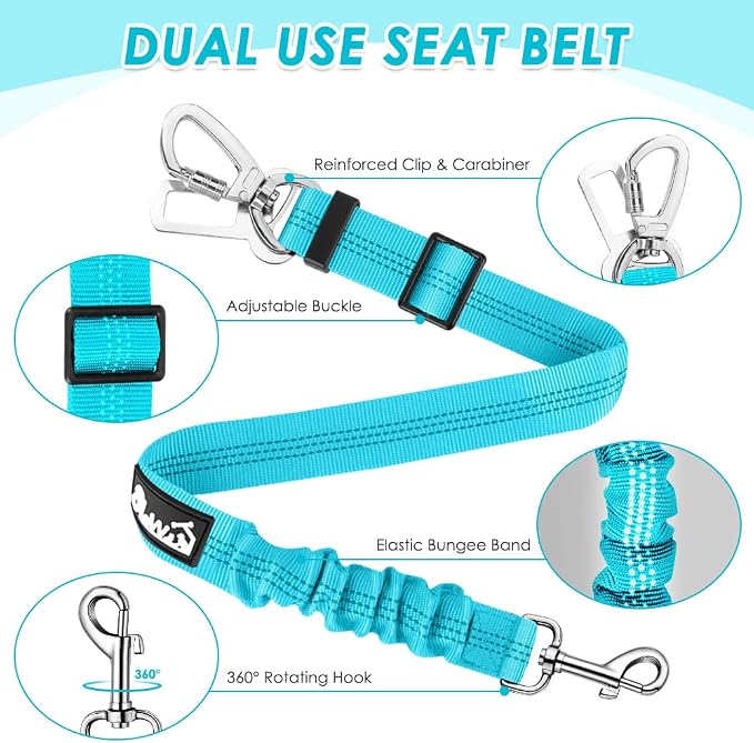 Lukovee Dog Car Harness Seat Belt, Harness & Seatbelt with 2 in 1 Buckle | Adjustable Soft Breathable Mesh Harness, Reflective Elastic Reflective Tether, for Small Medium Large Dogs Pets (L-Blue, XS) - Image 7