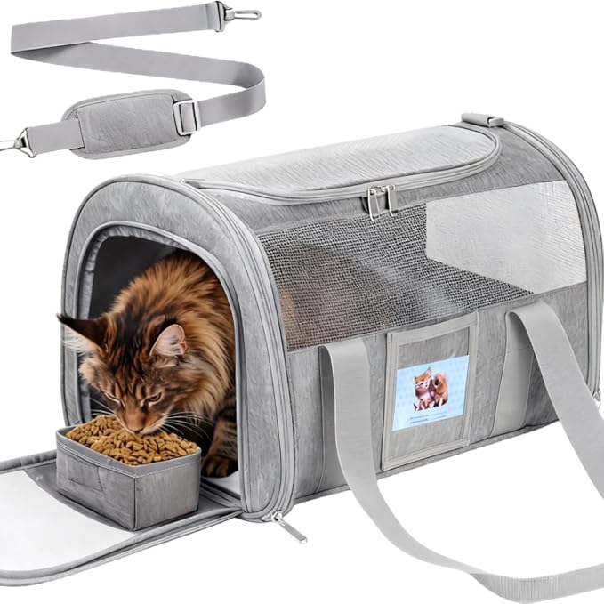 Large Soft Cat Carrier with Detachable Food Bowl,Pet Bag (Up to 28 lbs) | Puppy Kennel with Lockable Zippers for Small Dog, Kitten,Medium Travel Carrying Case for Car Airline Transport,Grey by Unknown