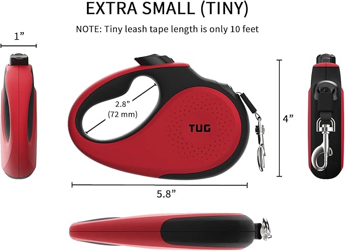 TUG Tiny Retractable Dog Leash, 10 ft (Extra Small, Red) | 360° Tangle-Free Retraction, 10 ft Tape, Quick Thumb Lock, Anti-Slip Handle, For Pets Under 26 lbs - Image 3
