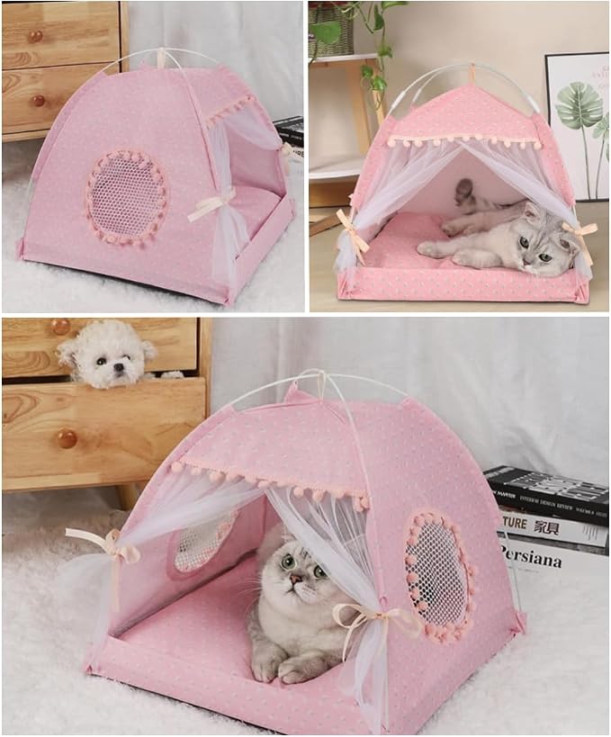 Selena Cat Bed Tents Dog House Indoor Outdoor Lace Mesh Breathable Windows Door Curtains Removable Portable Nest Teepe House (Medium,Pink(Flower)) - Image 2
