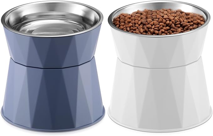 Lallisa Cat Feeder, 2 Pcs Elevated Stainless Steel Bowls with Adjustable Raised Stand, Non-Slip Pet Food and Water Bowl for Cats, Dogs, Hygienic Feeding Eating Pets (Blue, White) by Lallisa